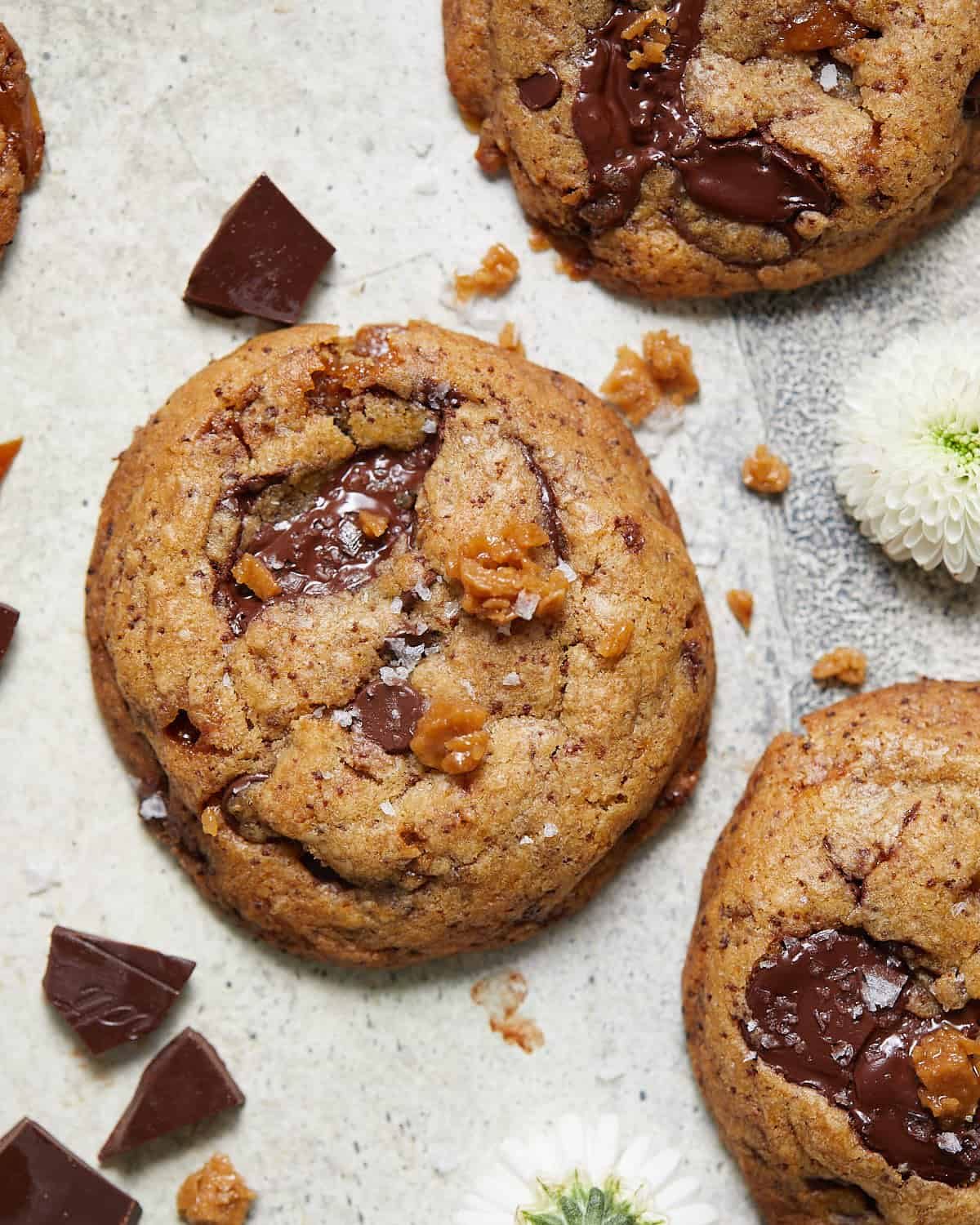 Up close image of salted toffee chocolate chip cookies.