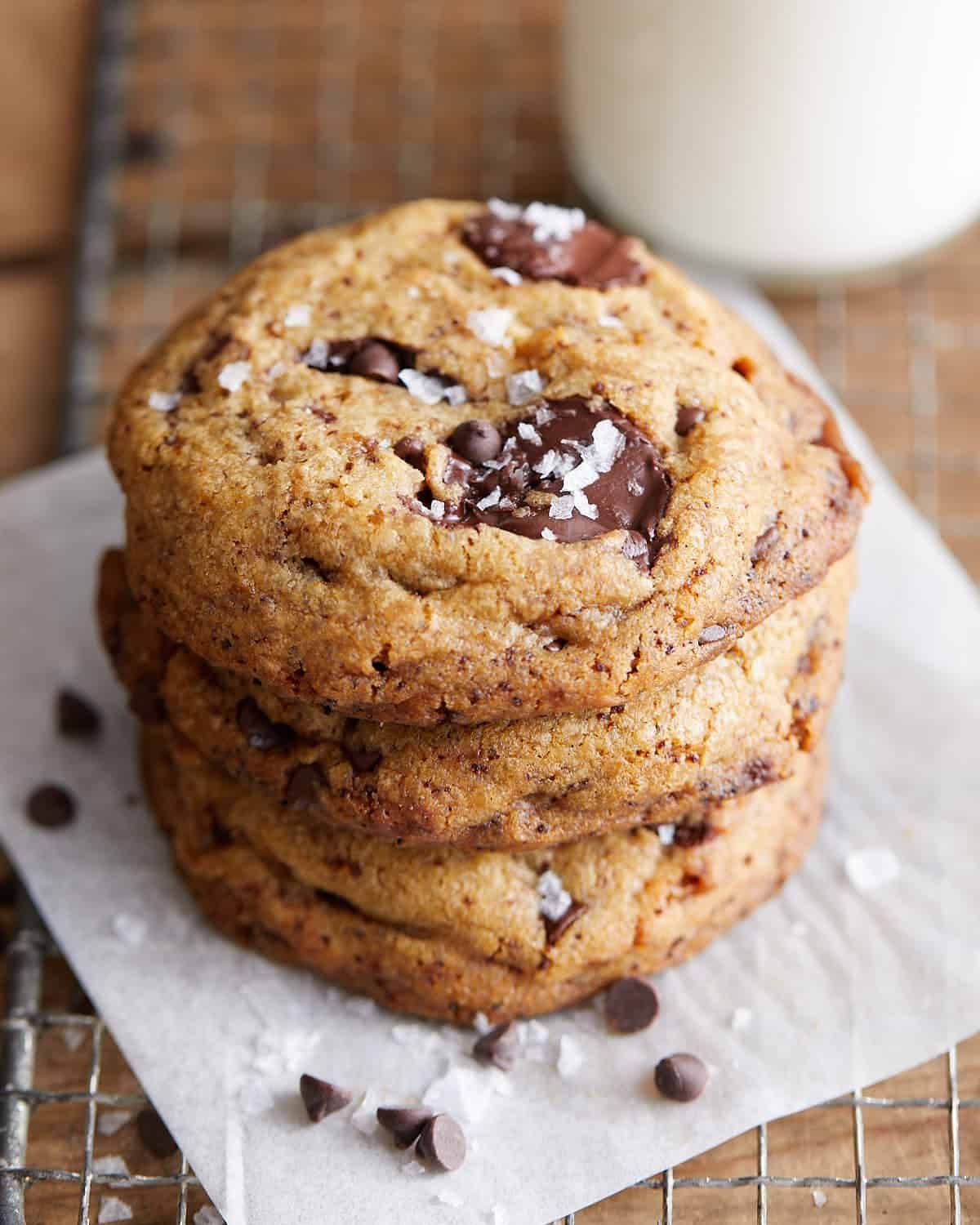 Overhead image of stacked salted toffee chocolate chip cookies.