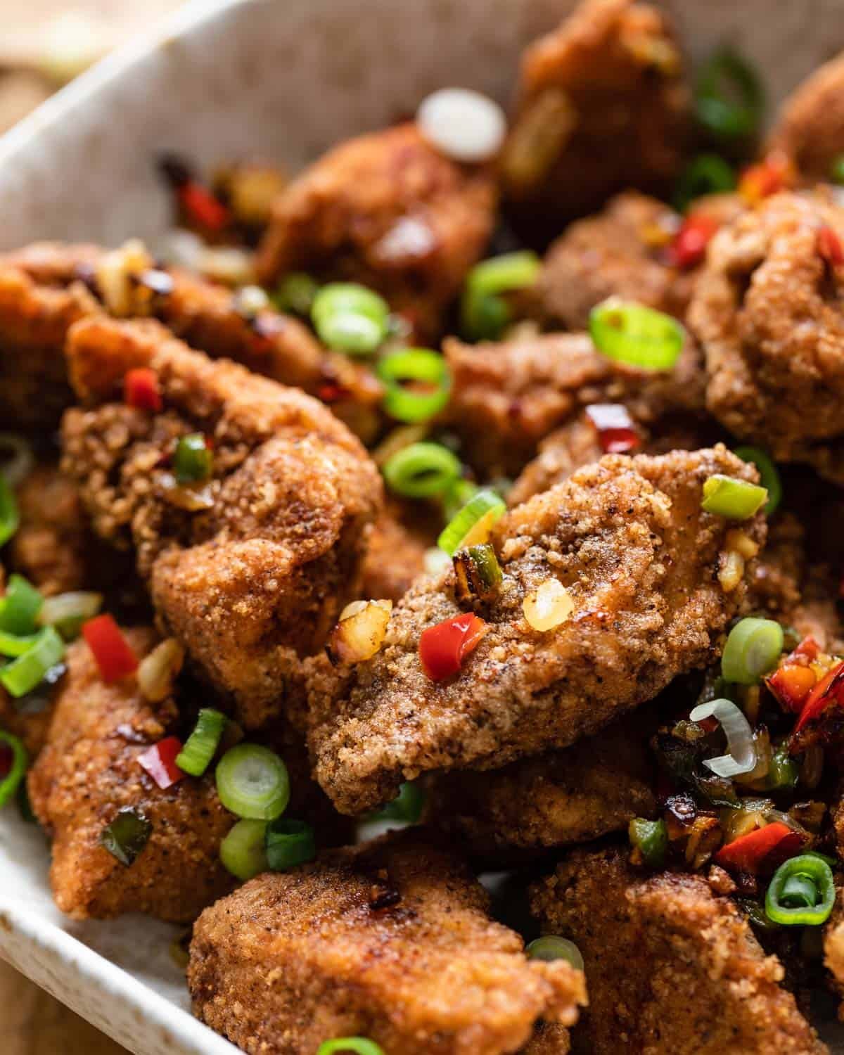 close up of salt and pepper chicken