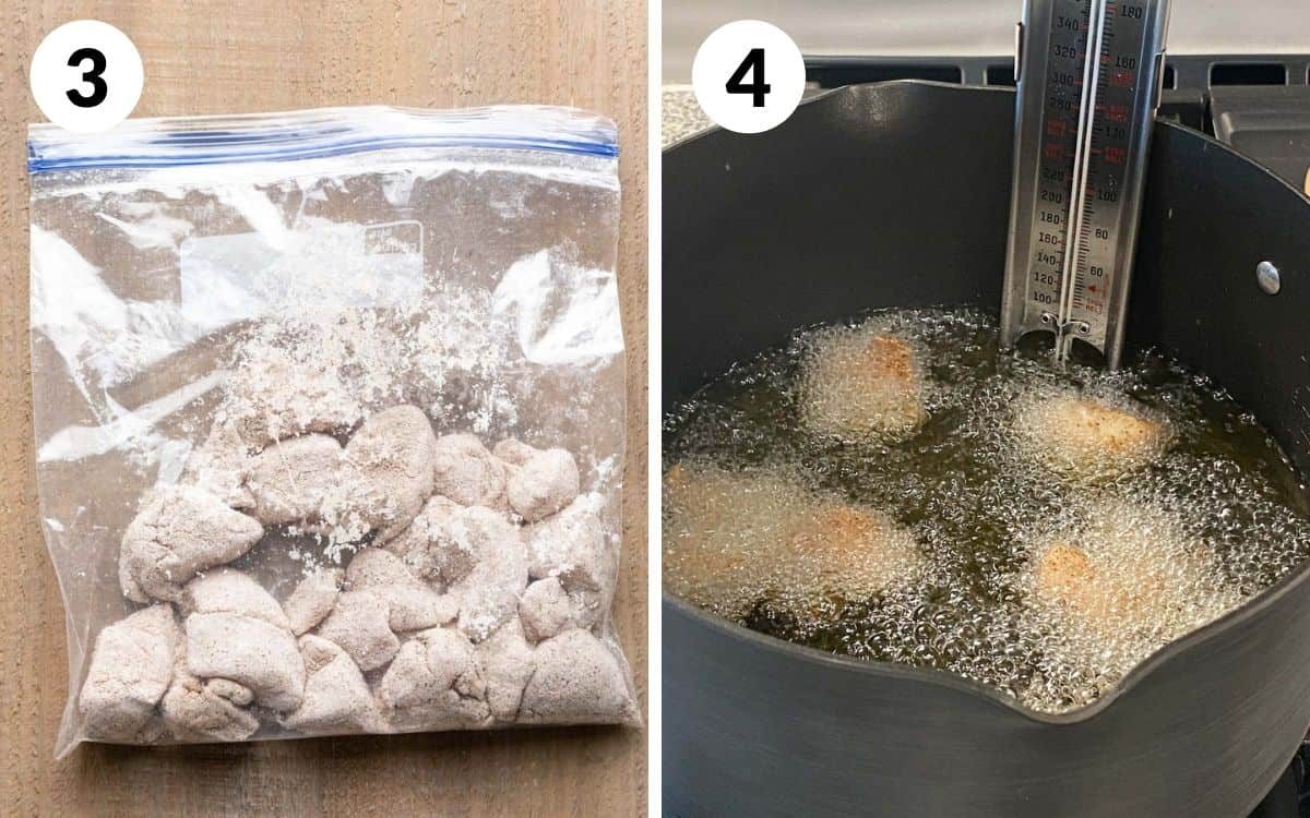 steps 3 & 4 coat the chicken with the spices and cornstarch drop the chicken in the oil