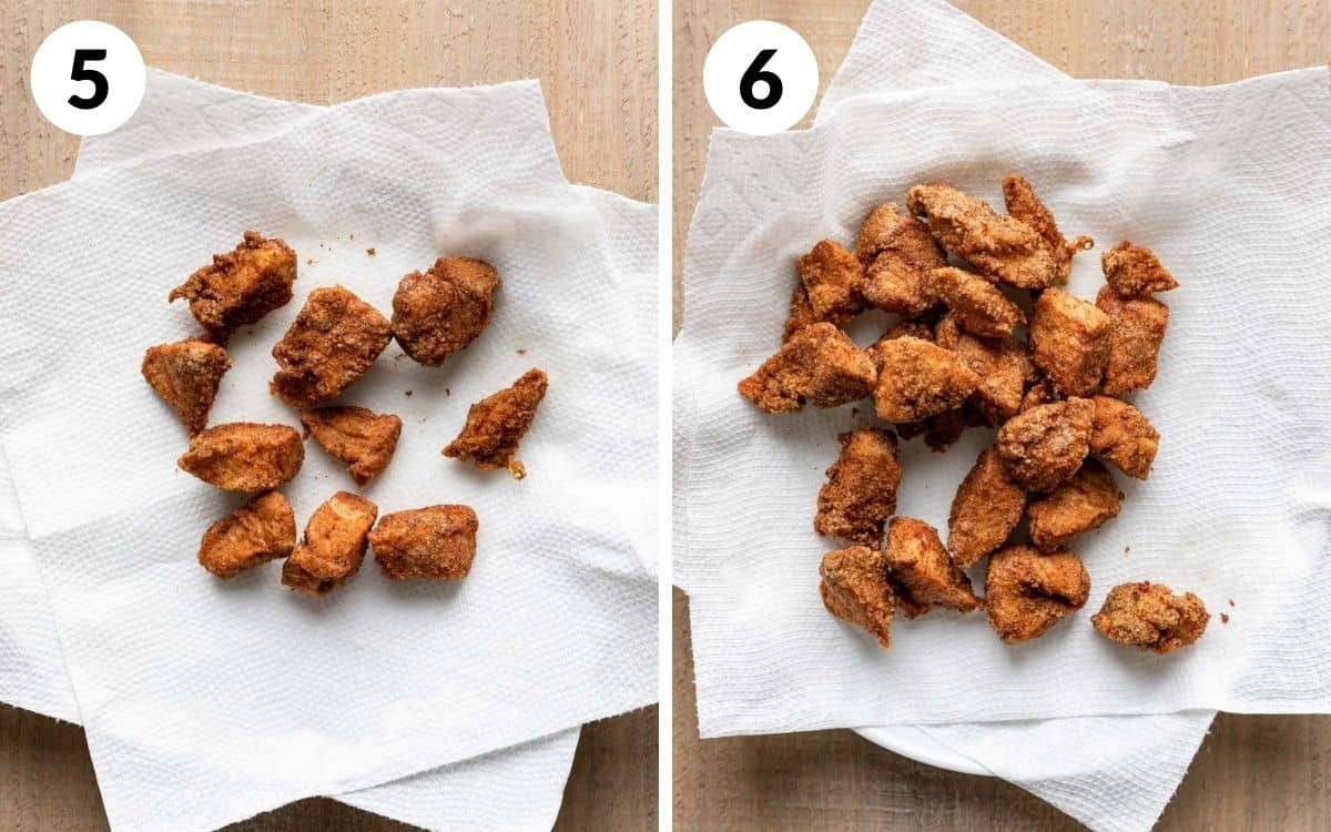 steps 5 & 6 half of the salt and pepper chicken fried on paper towel lined plate all of the chicken on the plate