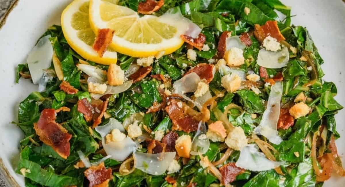 Overhead image of sautéed collard greens with crispy pancetta.