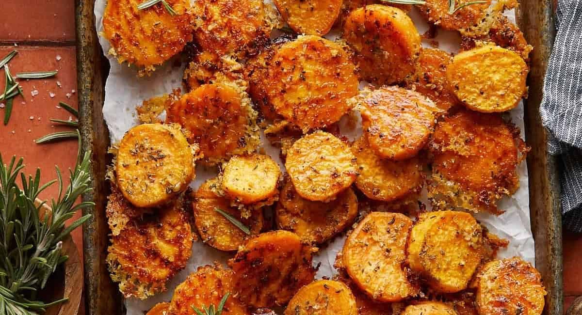 Overhead image of savory sweet potatoes with garnish.