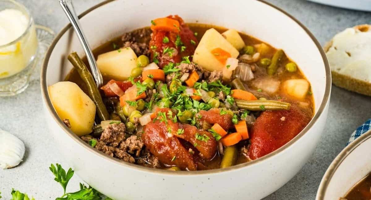 Overhead image of slow cooker poor man's stew.