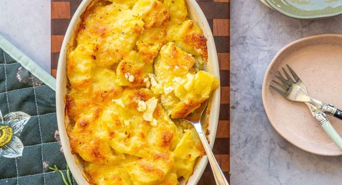 Overhead image of scalloped potatoes.