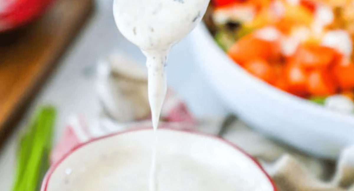 Up close image of homemade buttermilk ranch dressing.