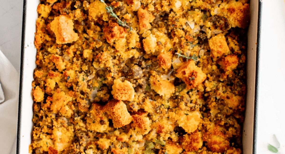 Overhead image of cornbread dressing.