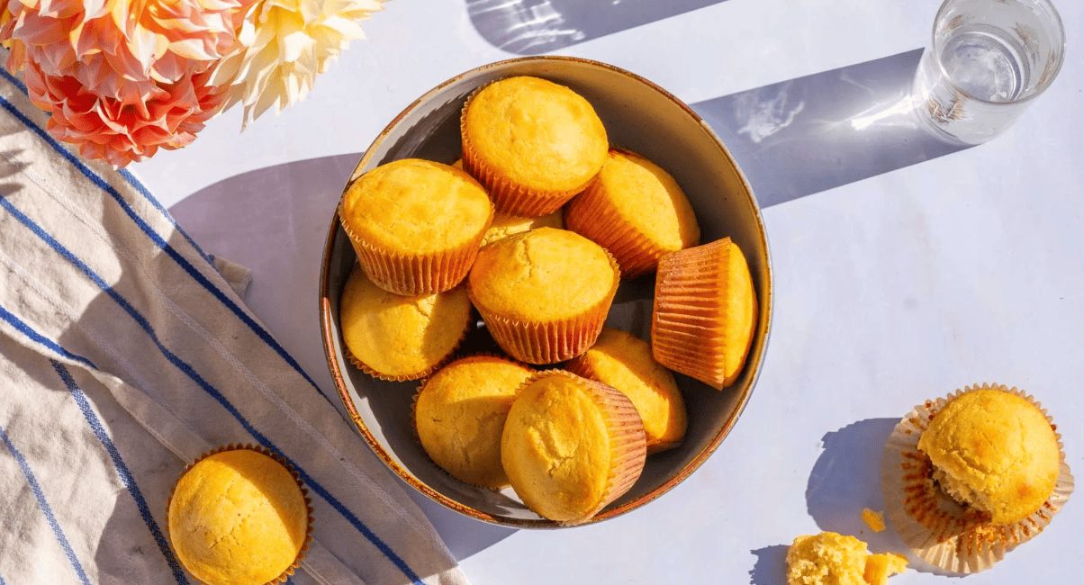 Overhead image of sourdough corn muffins.