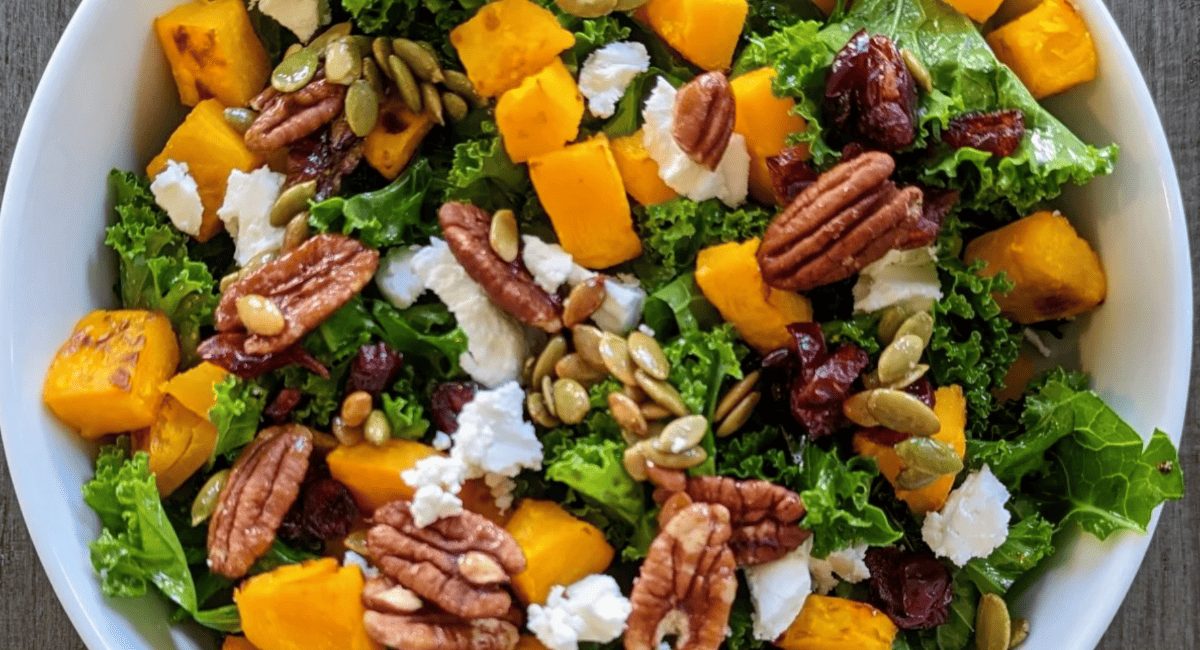 Overhead image of roasted pumpkin and pecan salad.