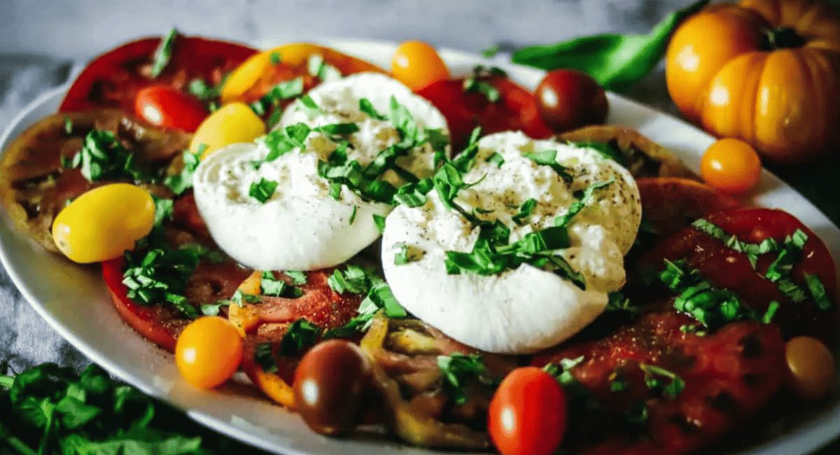 Up close image of burrata caprese.