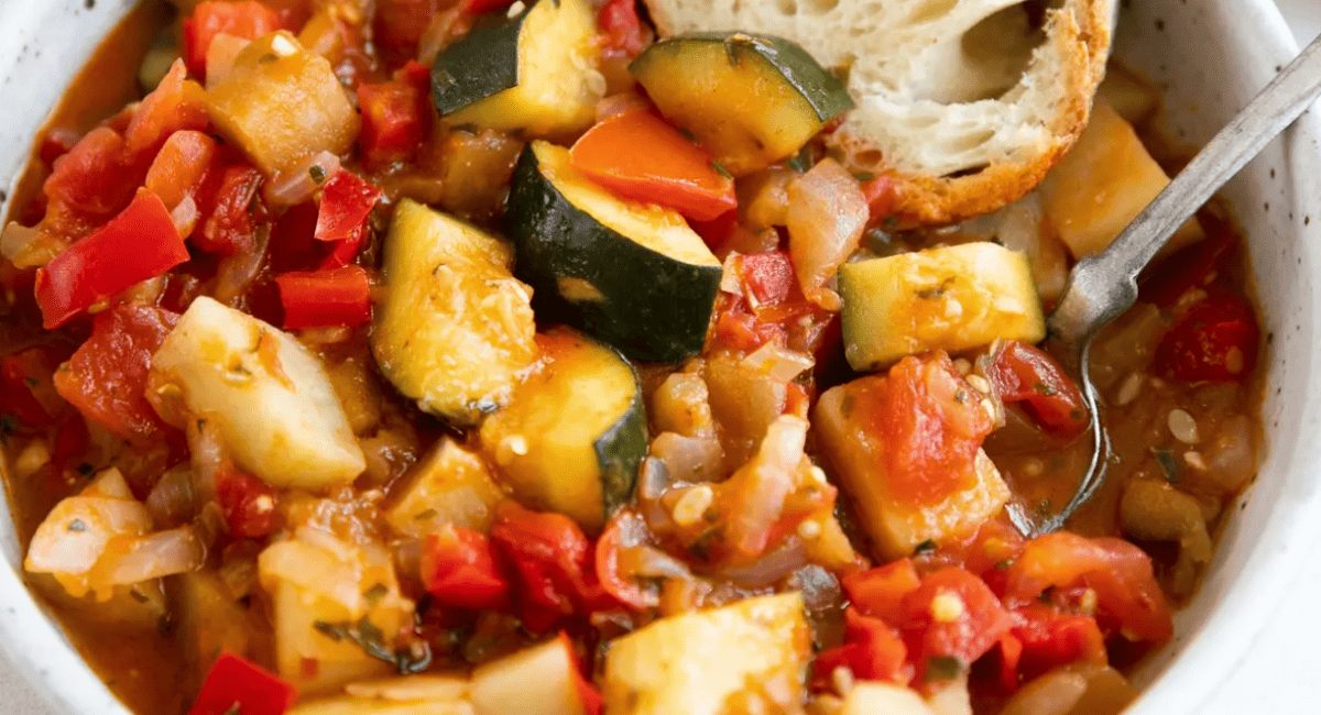 Overhead image of ratatouille recipe.