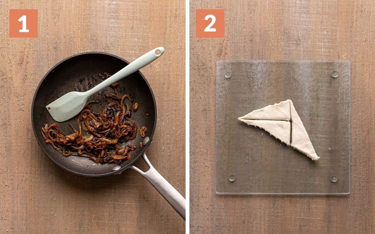 steps 1 & 2 caramelized onions in pan crescent roll cut in thirds on cutting board