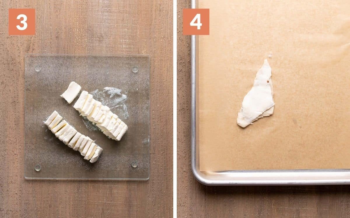 steps 3 & 4 cream cheese cut into 24 pieces on cutting board piece of dough with cream cheese spread on it