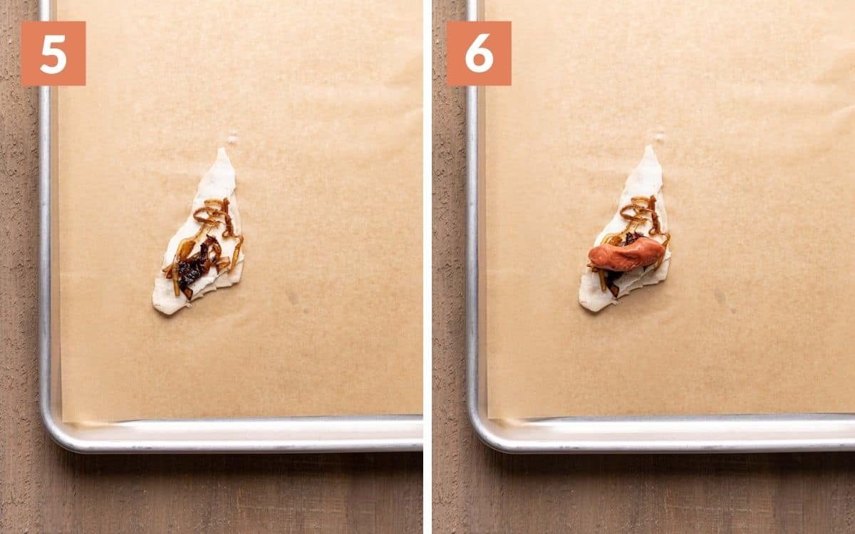 steps 5 & 6 piece of dough with cream cheese and onions piece of dough with cream cheese, onions, and sausage