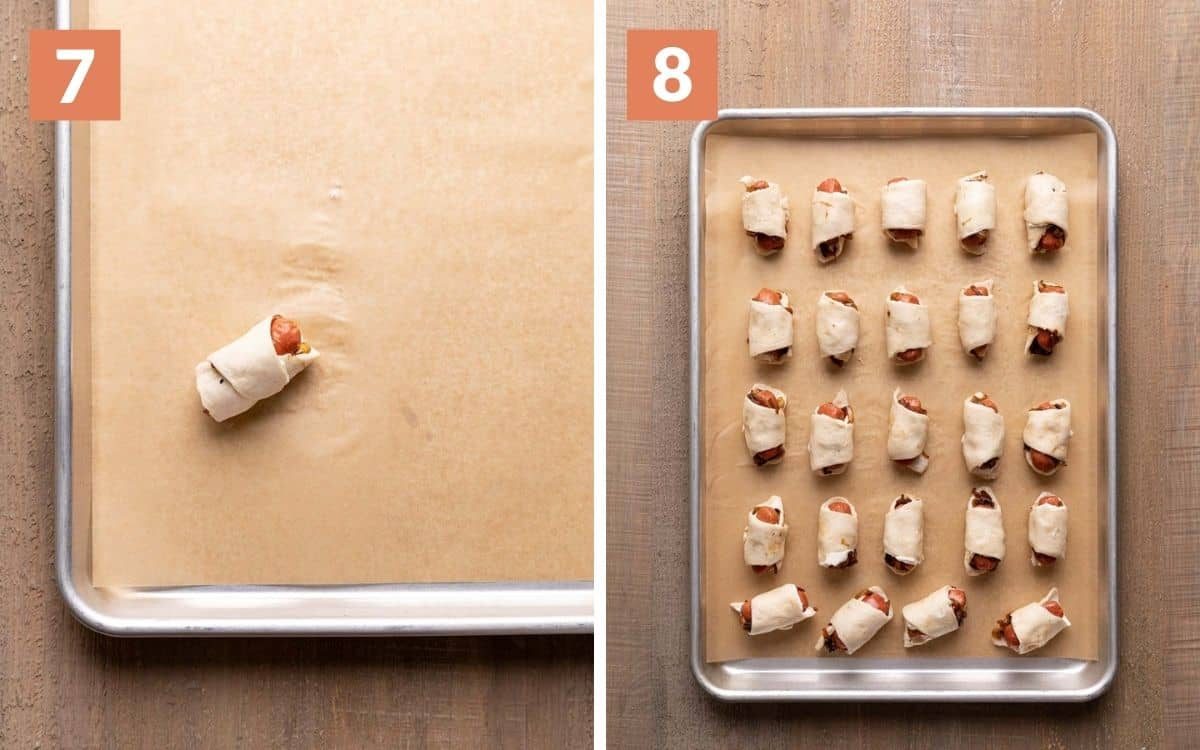 steps 7 & 8 single rolled pig in a blanket sheet pan filled 24 uncooked rolls