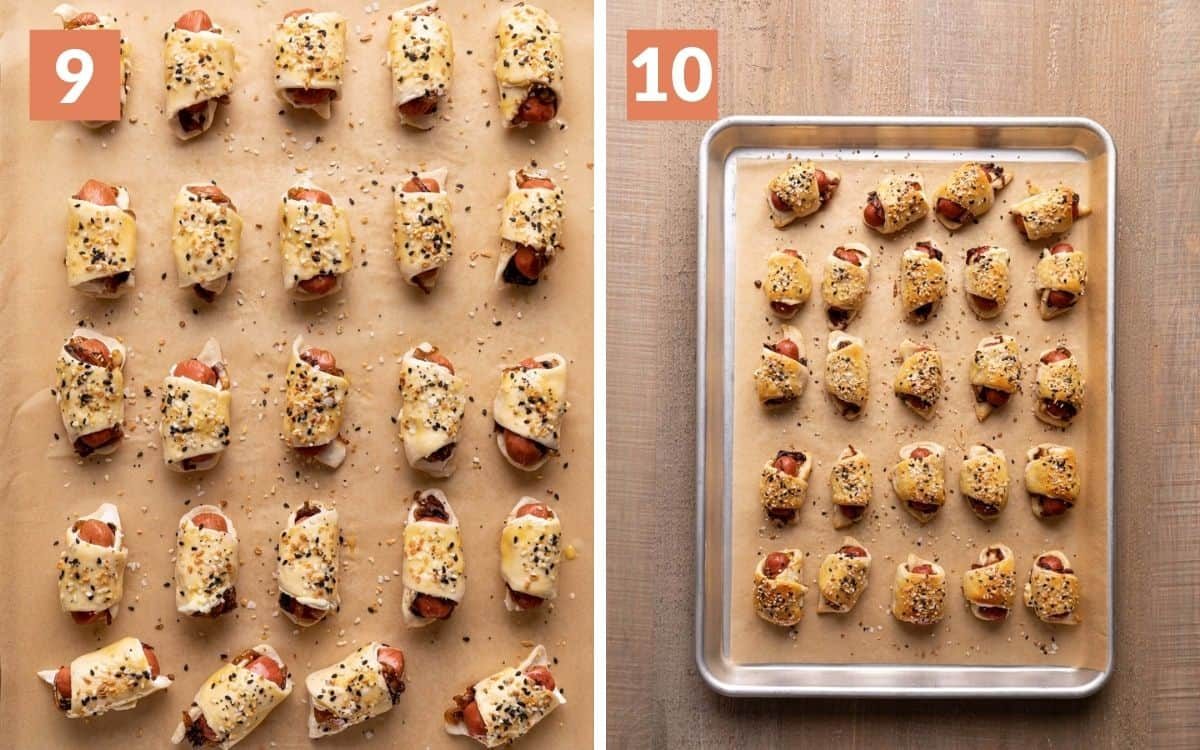 steps 9 & 10 rolls brushed with egg wash and finished with everything seaosning cooked pigs in a blanket on sheet pan
