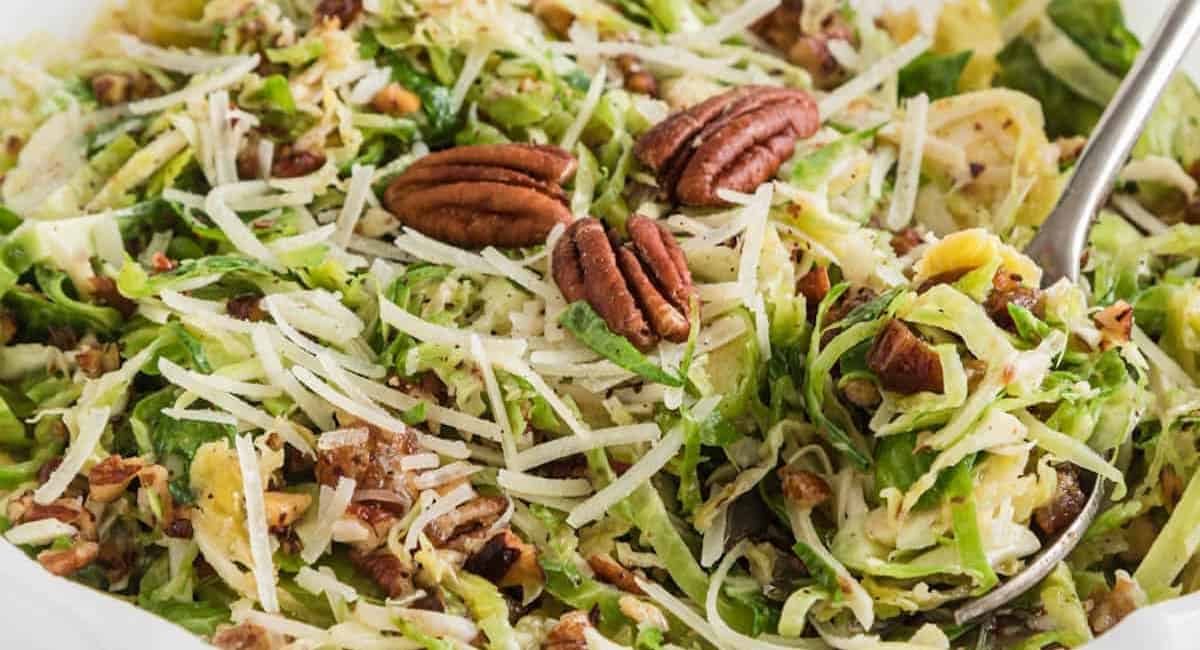Up close image of shaved brussel sprouts salad.