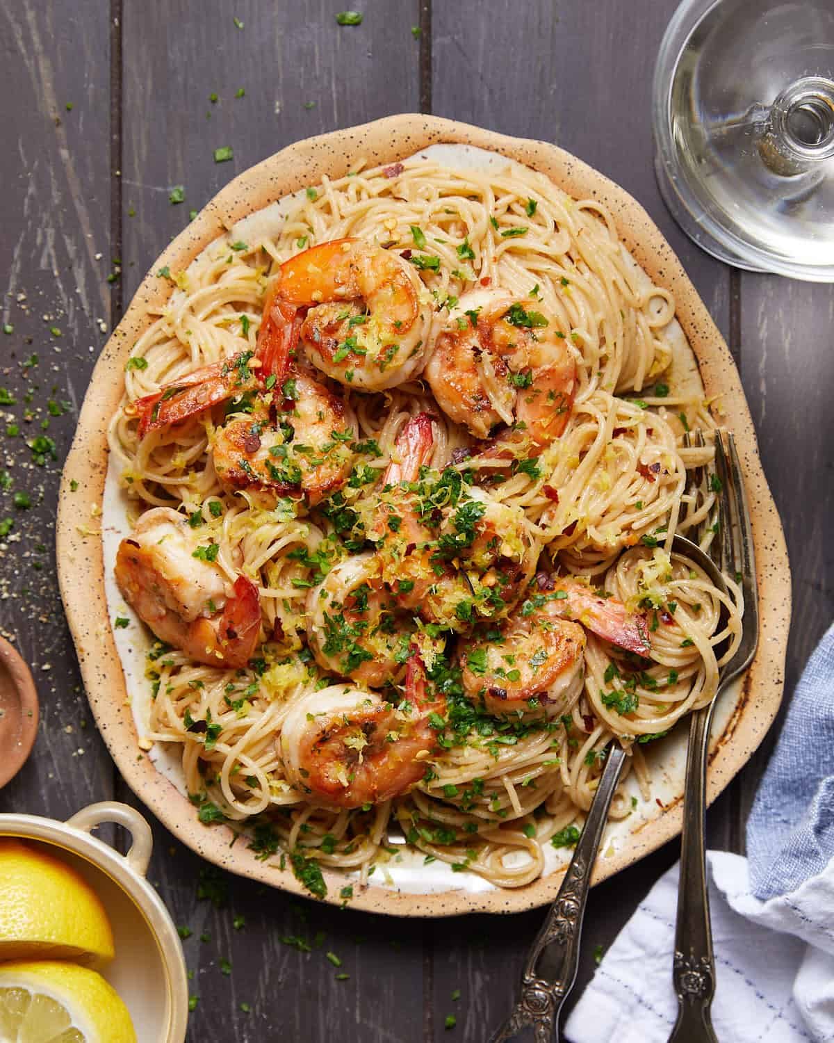 Overhead image of shrimp scampi without wine.