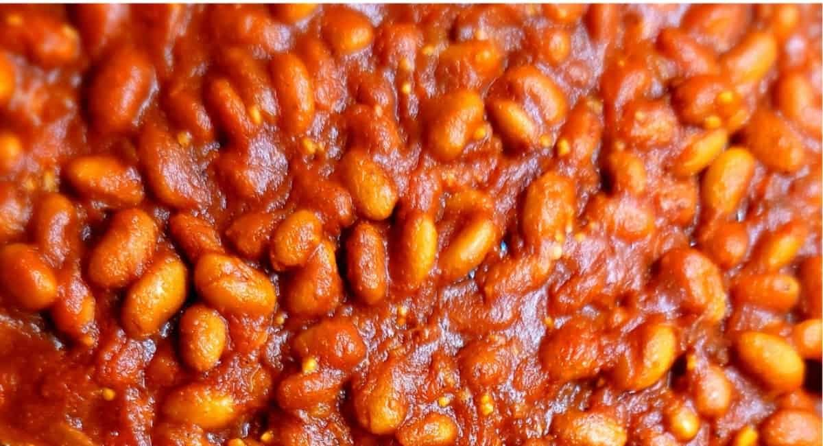 Up close image of bourbon baked beans.