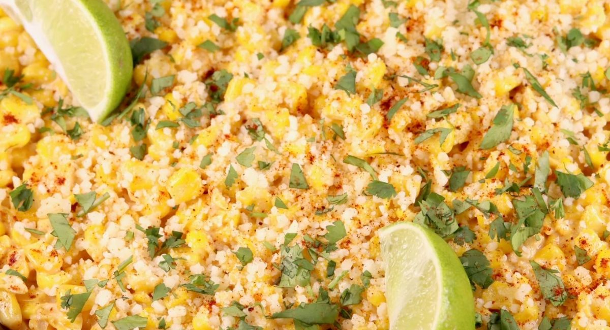 Up close image of skillet Mexican street corn.