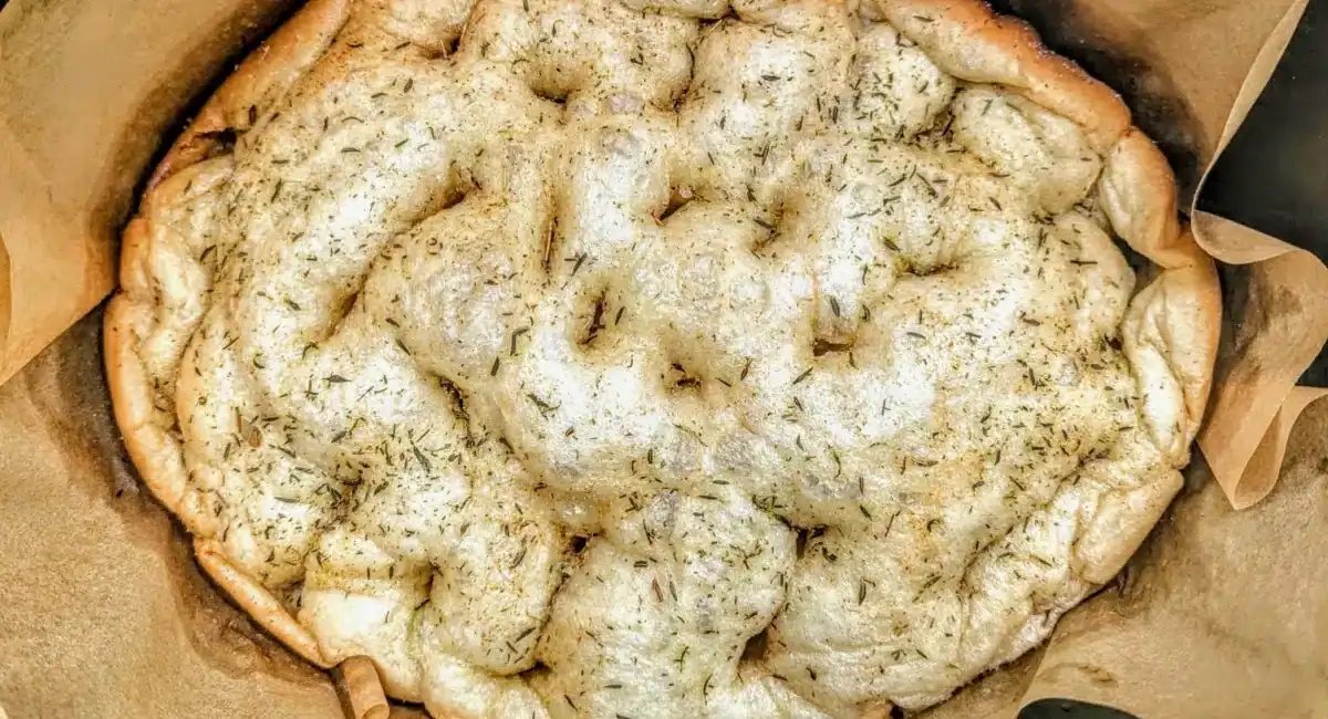 Overhead image of slow cooker herbed focaccia bread.