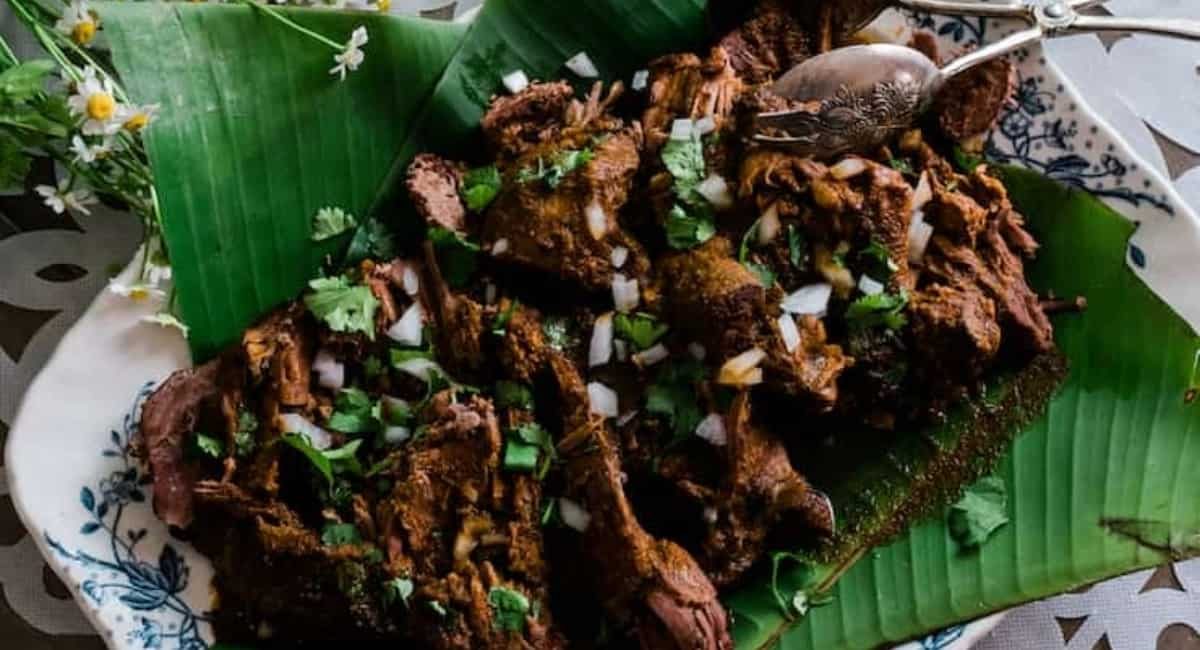 Overhead image of slow cooker barbacoa.