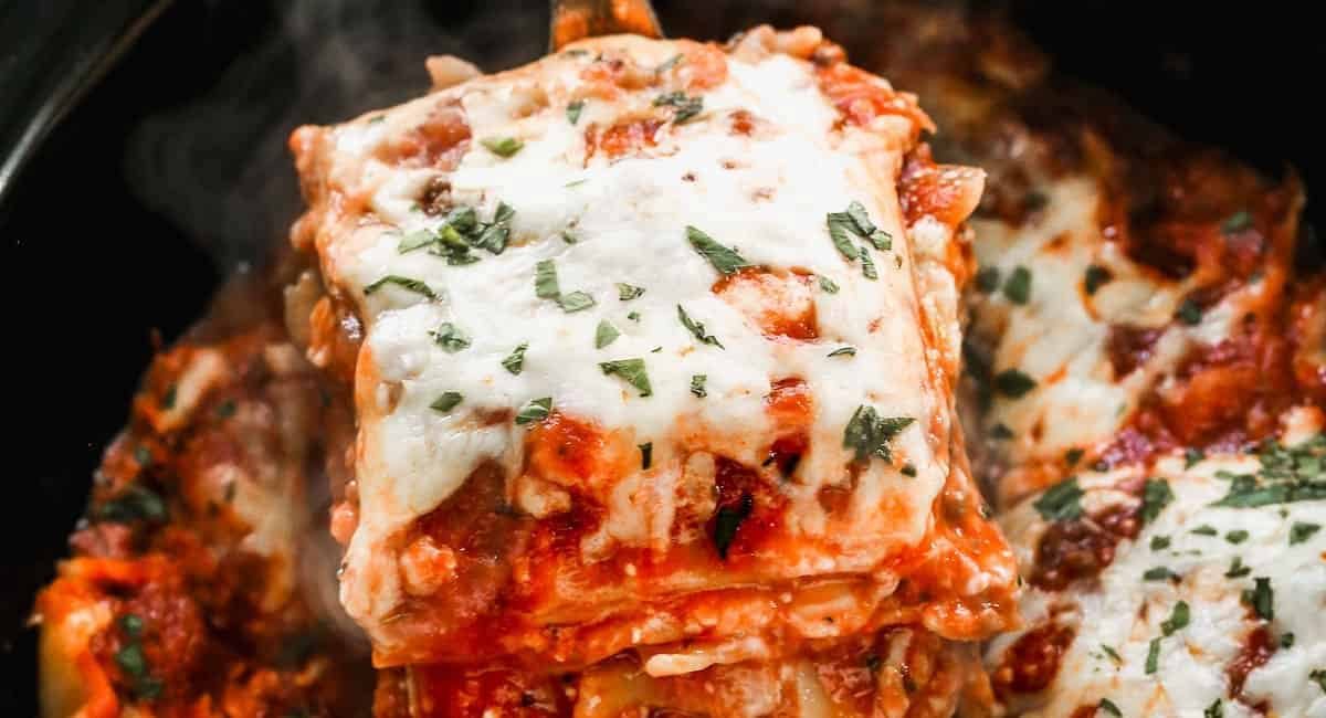 Up close image of slow cooker lasagna.