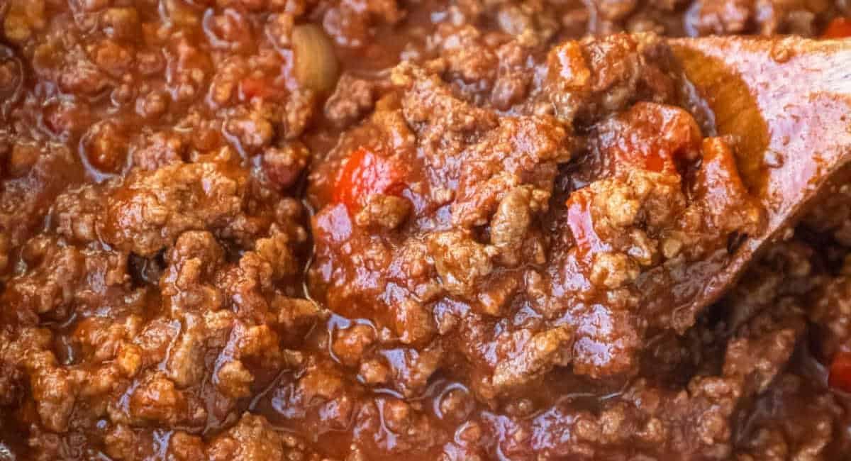 Up close image of slow cooker sloppy joe meat recipe.