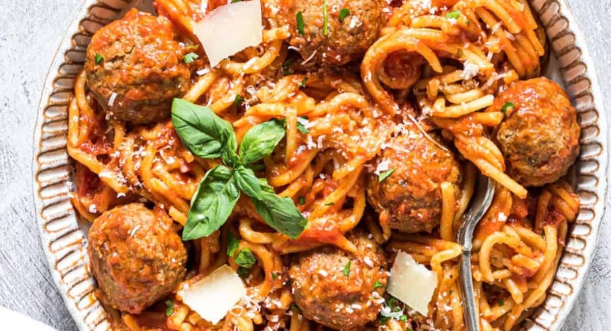 Overhead image of crockpot spaghetti and meatballs.