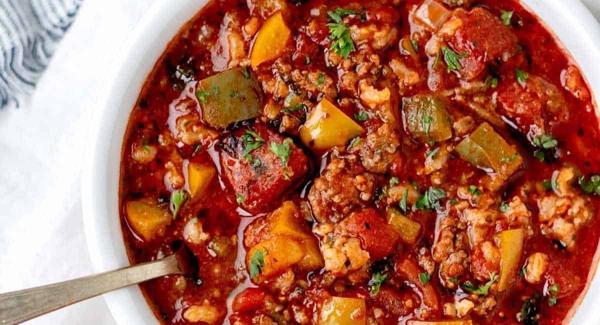 Overhead image of slow cooker stuffed pepper soup.