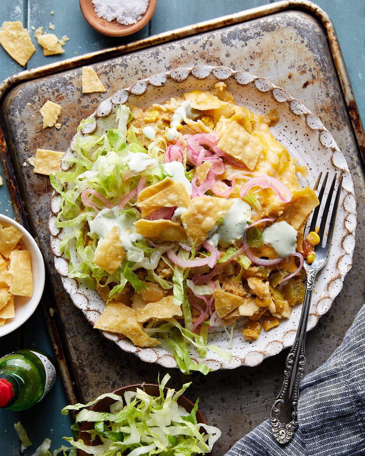 Overhead image of slow cooker chicken enchilada casserole.