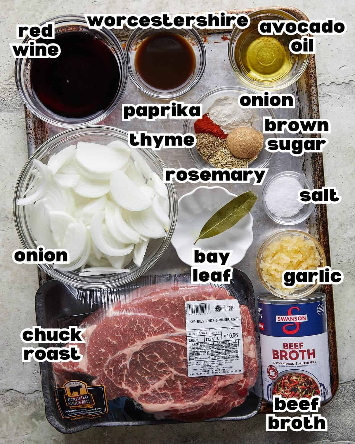 Overhead image of ingredients needed to make french dip sandwiches with au jus.