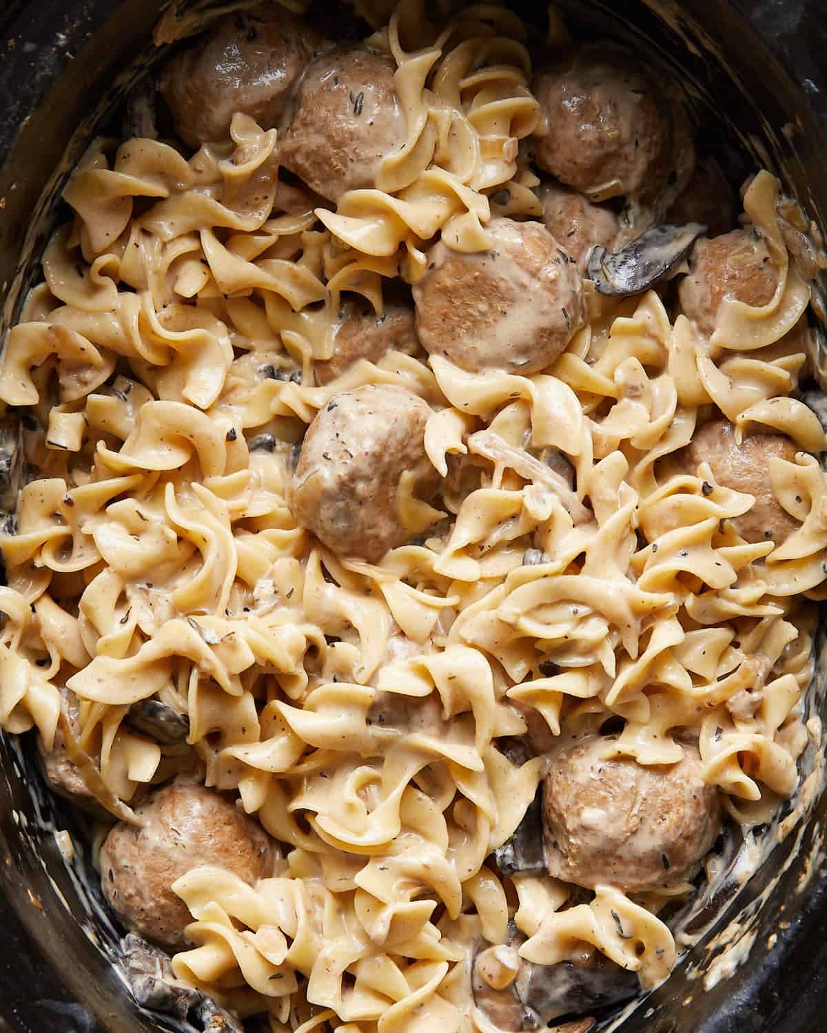 Up close image of slow cooker meatball stroganoff.