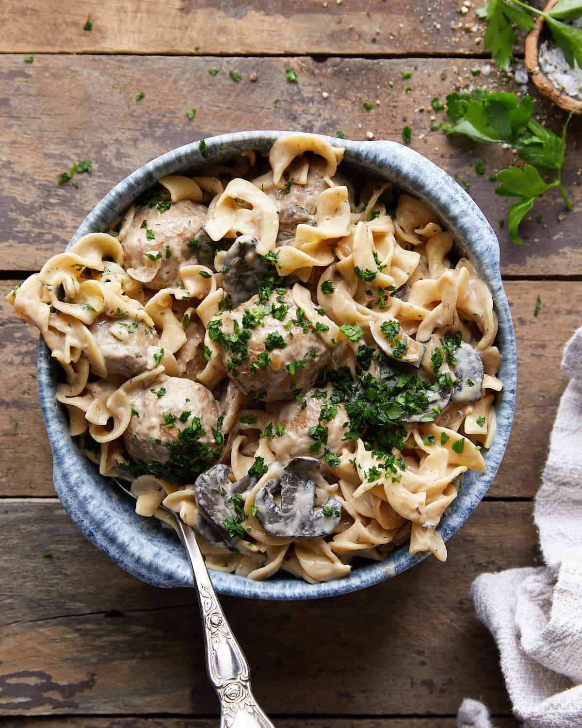 Overhead image of slow cooker meatball stroganoff.