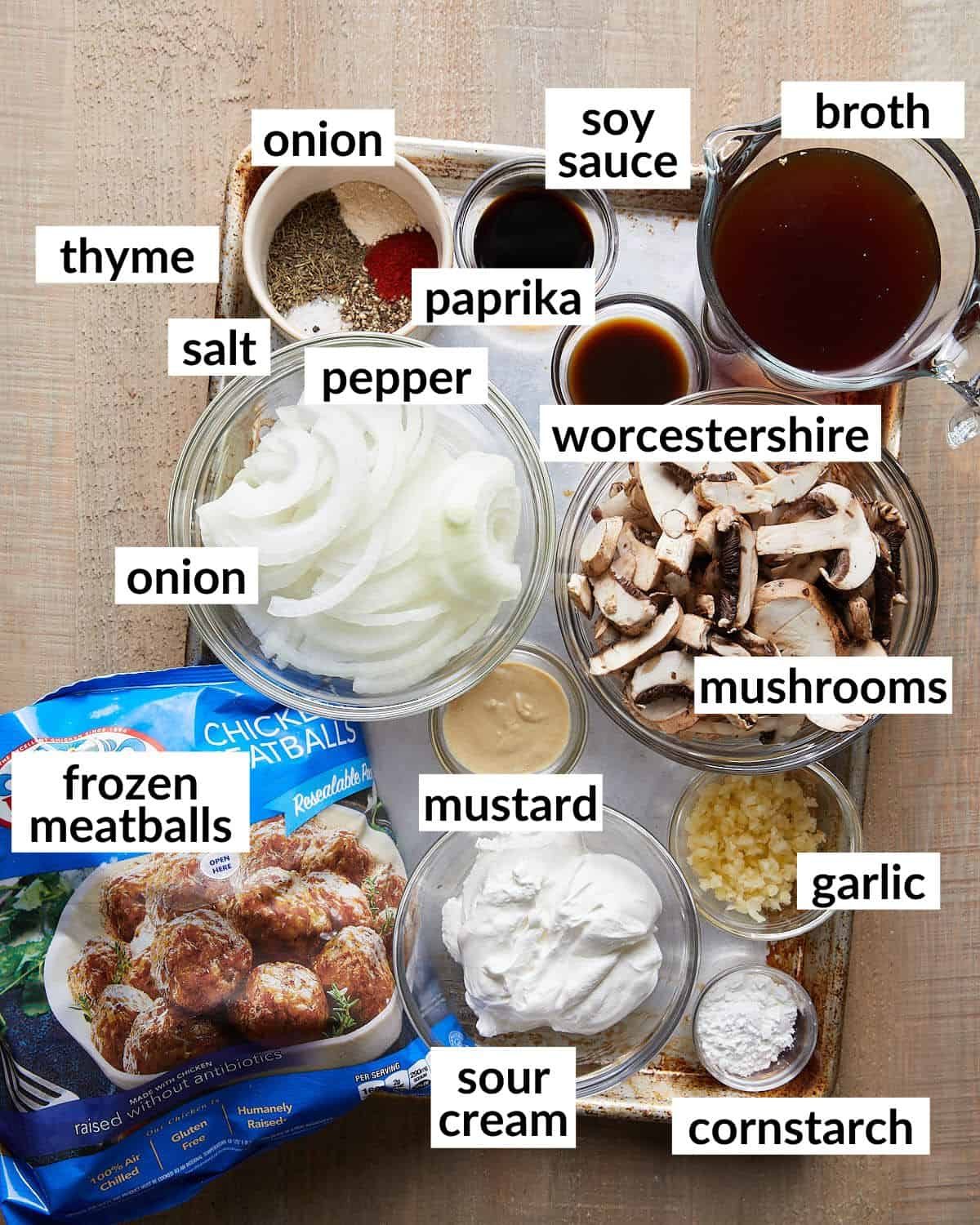 Overhead image of ingredients needed for slow cooker meatball stroganoff.