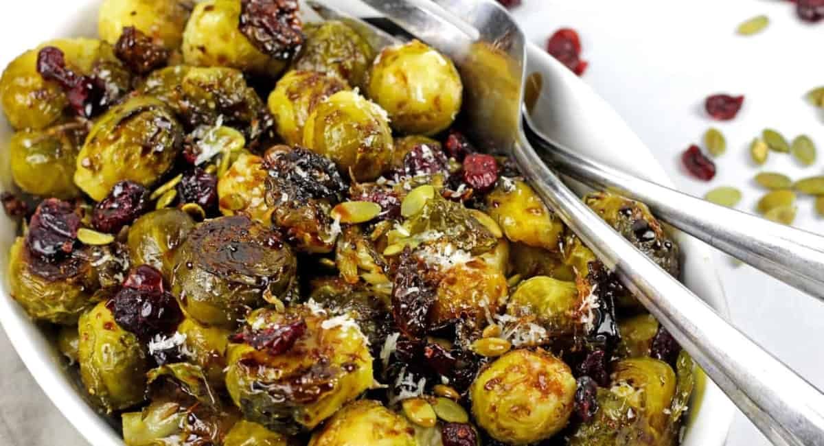 Overhead image of smashed brussels sprouts.