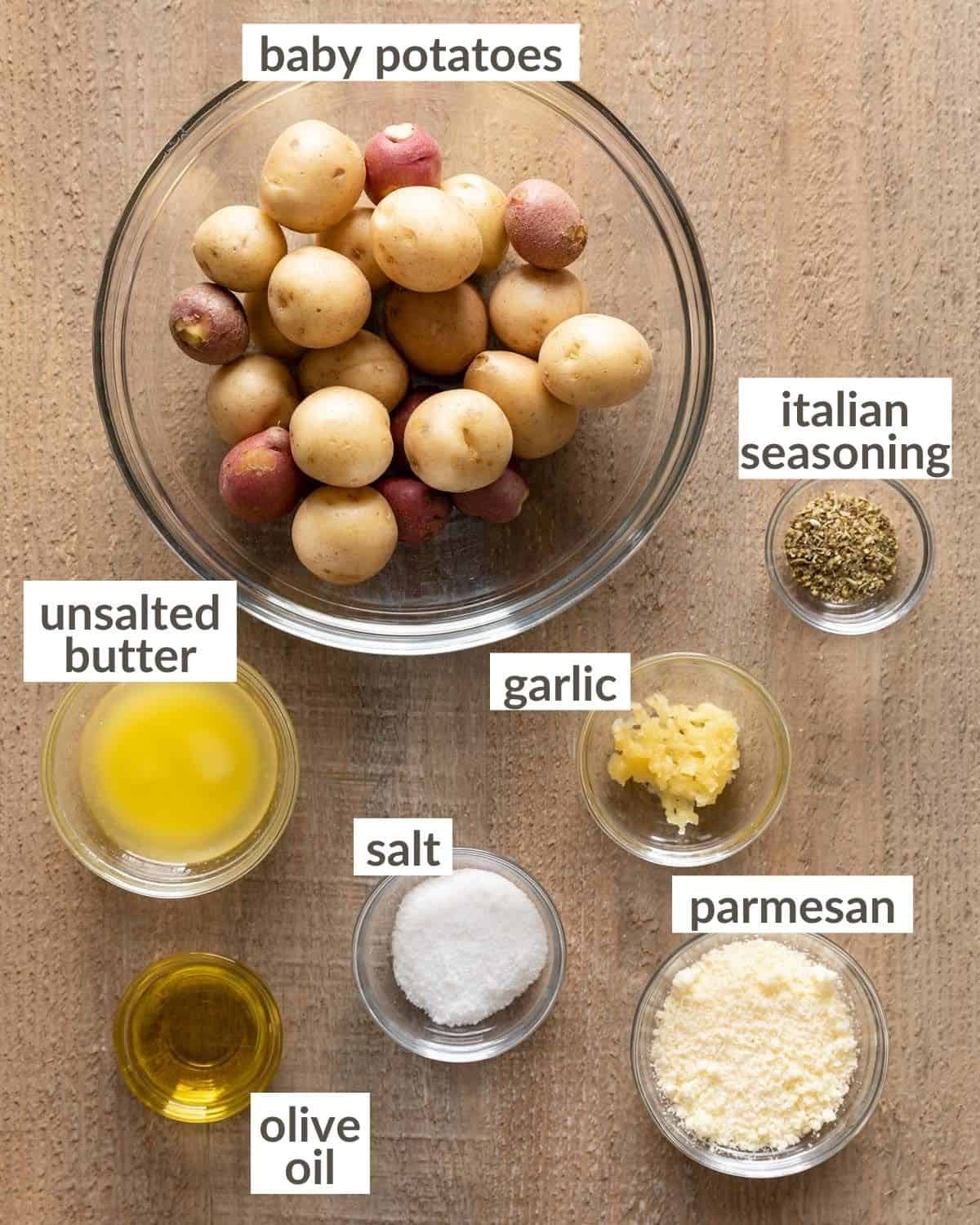 overhead of ingredients for smashed potatoes air fryer