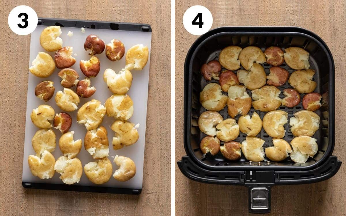 steps 3 & 4 smashed potatoes on cutting board potatoes in air fryer basket