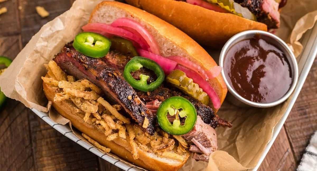 Overhead image of smoked brisket sandwich.