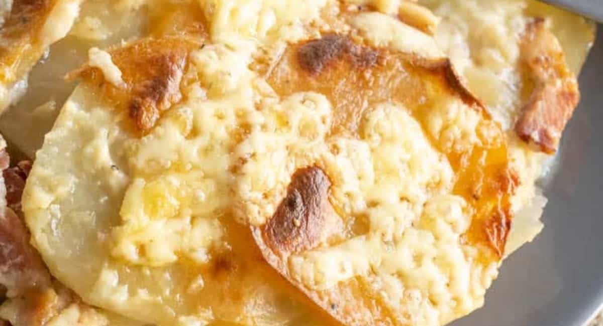 Up close image of smoked scalloped potatoes.