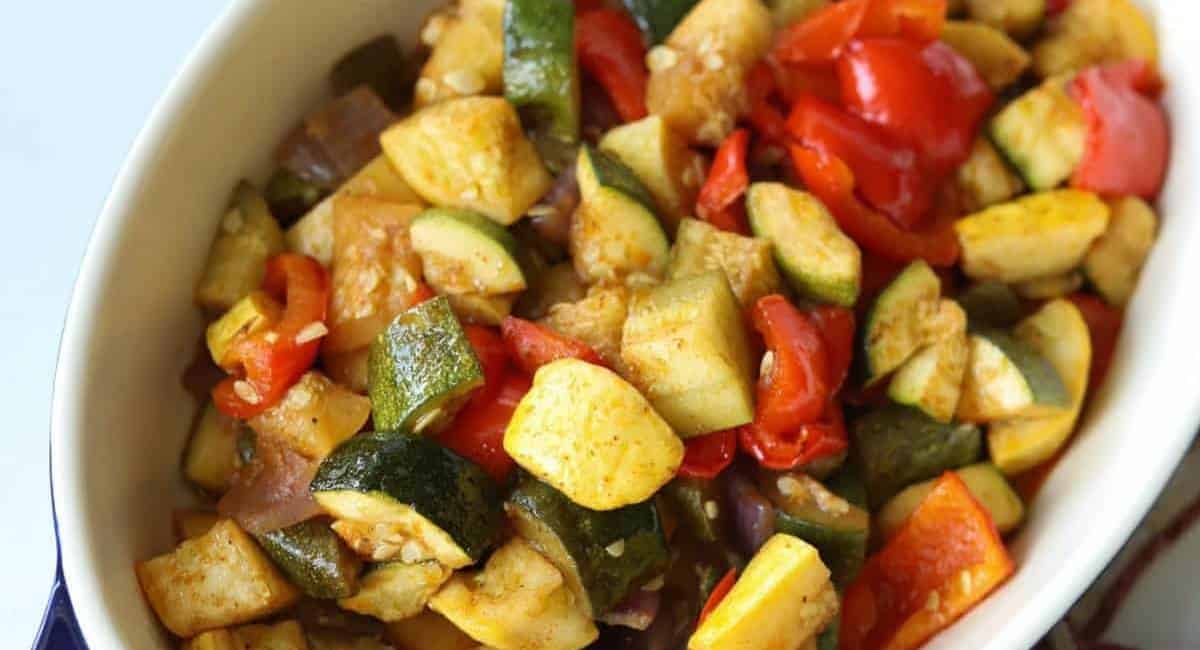 Overhead image of smoked vegetables.