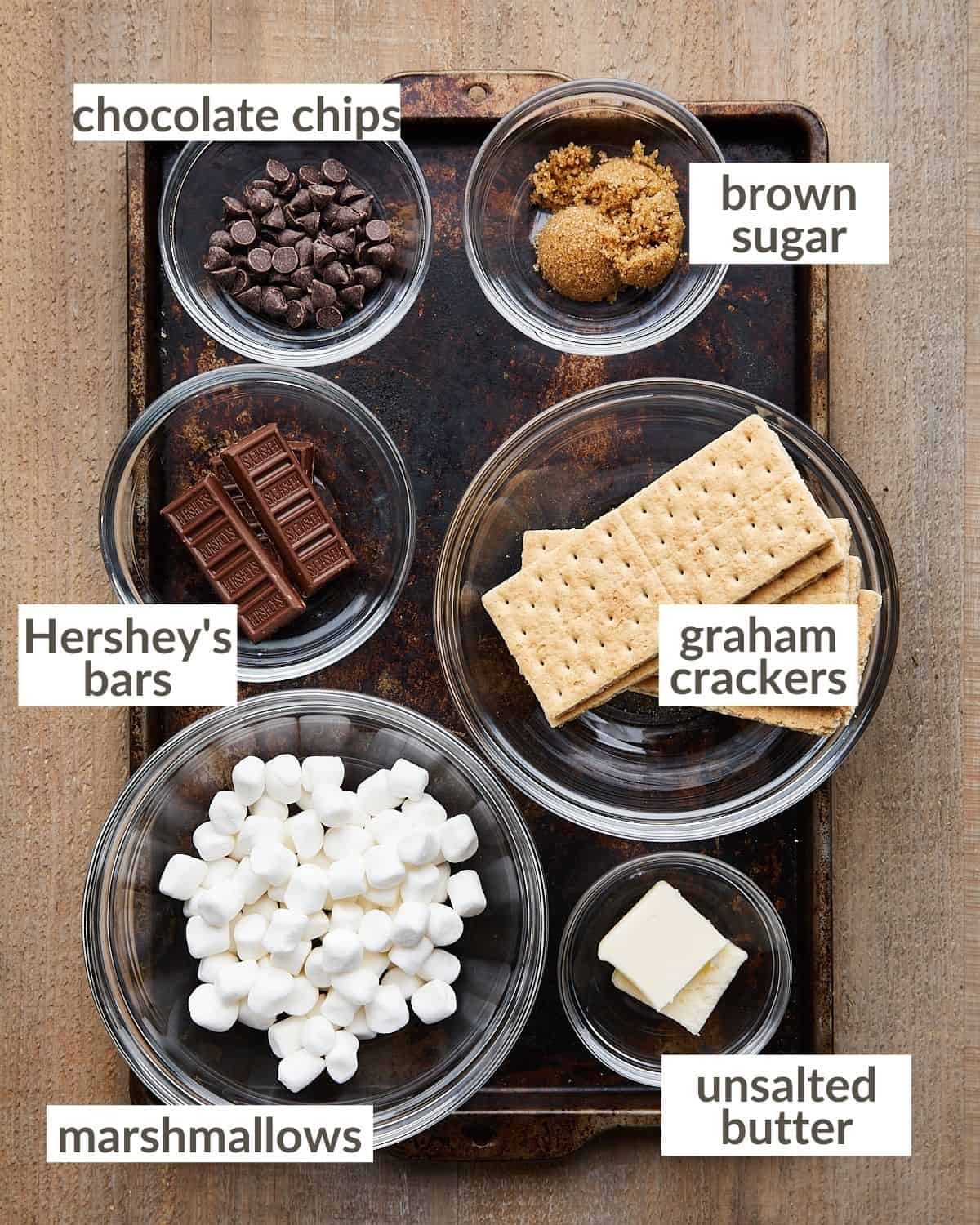 Overhead image of ingredients needed to make mini s'mores pies.
