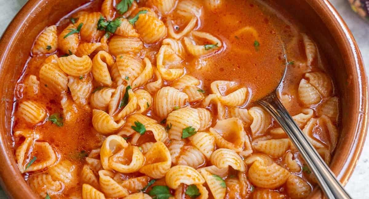 Overhead image of Mexican sopa de conchas.