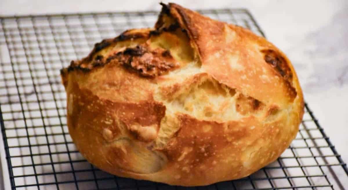 Side profile of sourdough bread with roasted garlic and parmesan cheese.