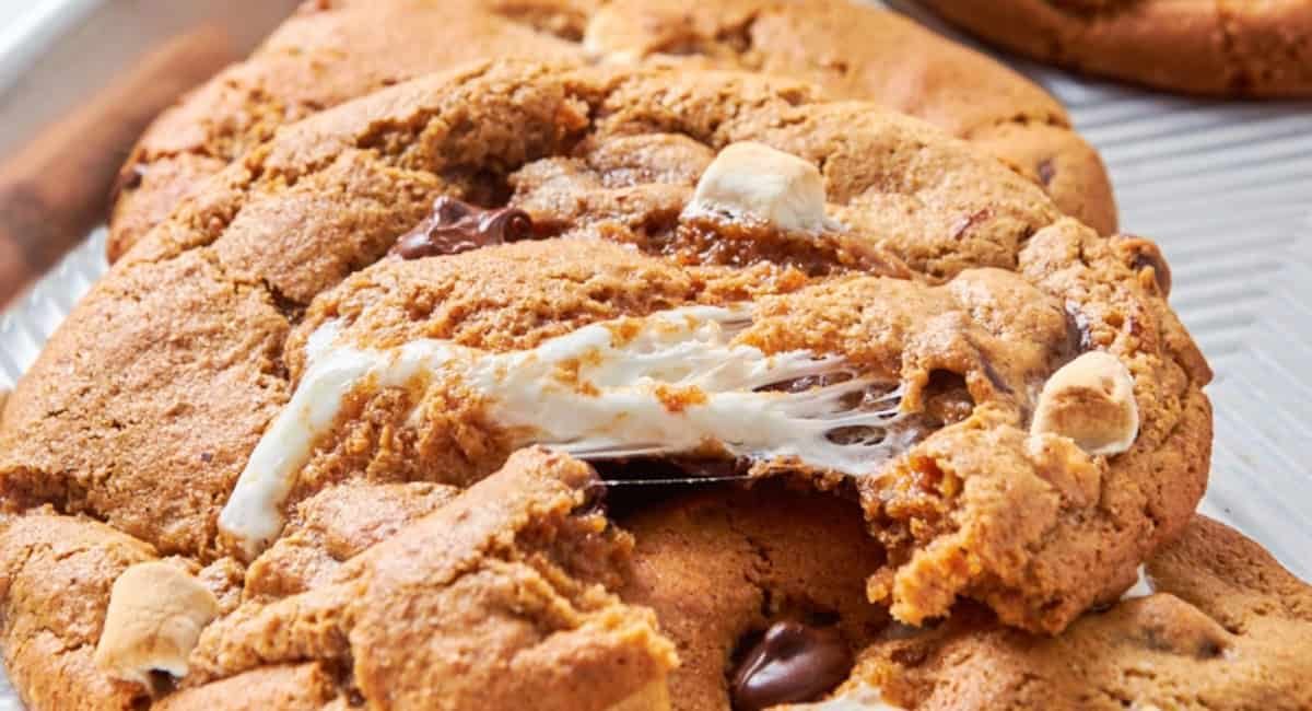Up close image of sourdough pumpkin s'mores cookies.