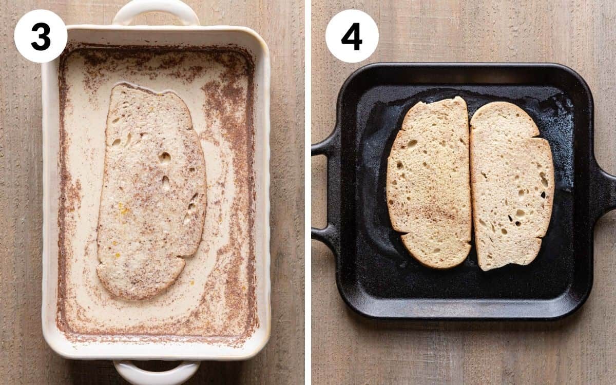 one piece of sourdough in egg mixture & 2 pieces on skillet