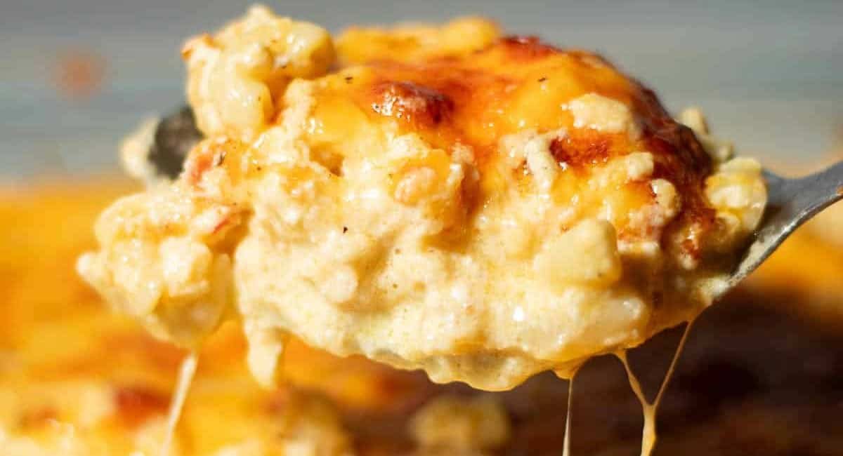 Up close image of southern baked mac and cheese.