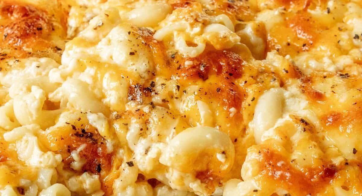 Up close image of southern baked mac and cheese recipe.