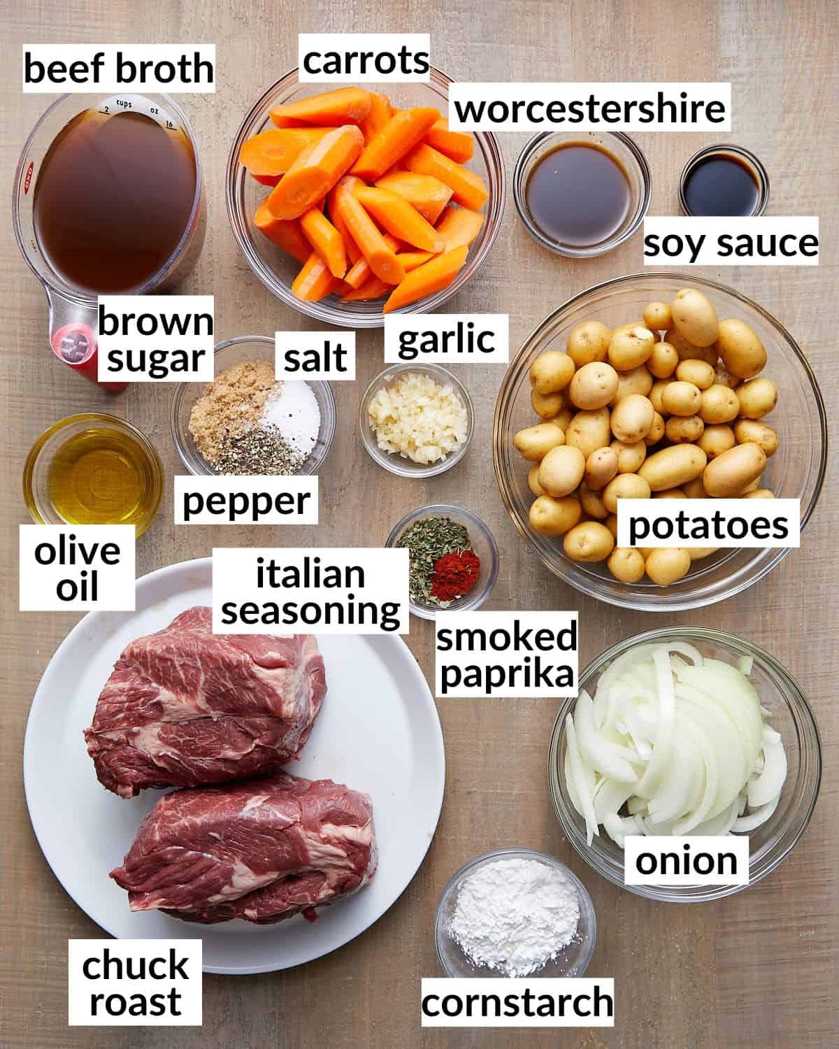 Overhead of ingredients needed to make old fashioned pot roast.