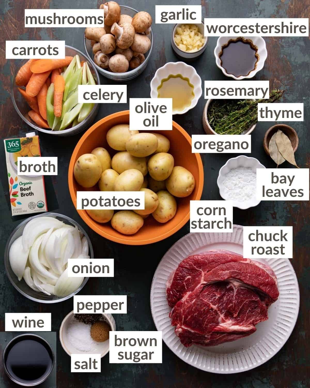 overhead of pot roast ingredients